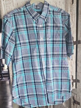 Nautica Men’s Short-Sleeve Plaid Button-Down Shirt - Teal & Navy - SIZE L